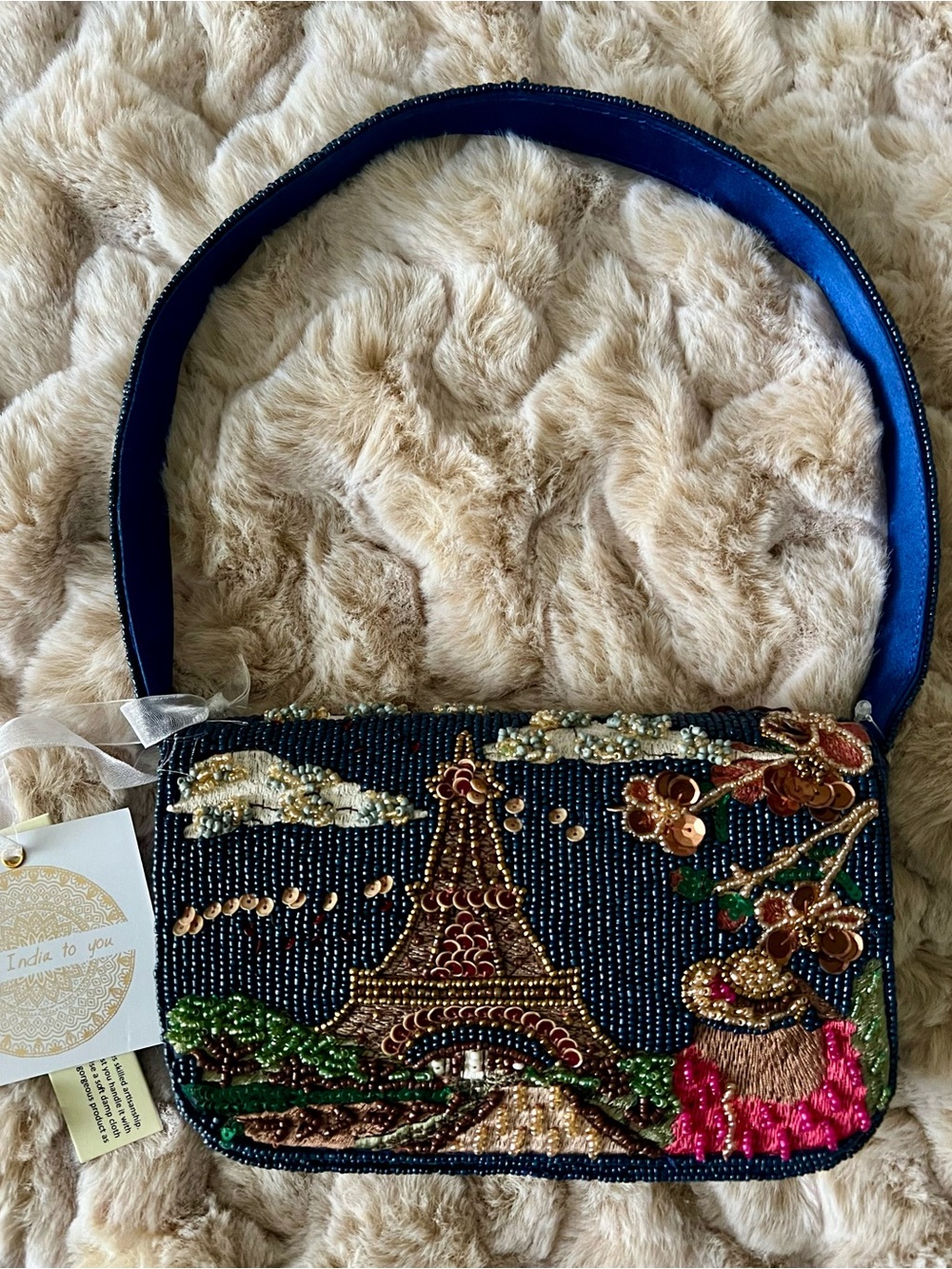 NEW RELEASE Beaded Embellished Navy Handbag with Paris Eiffel Tower Motif NWT